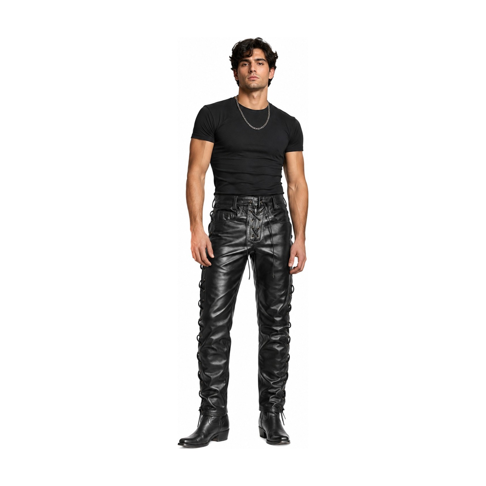 Mens Lace Up Black Leather Pant