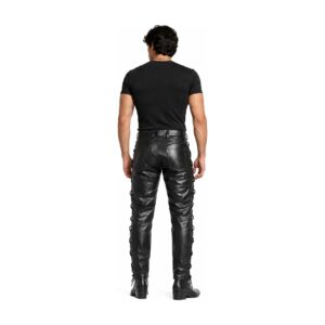 Mens Lace Up Black Leather Pant back view