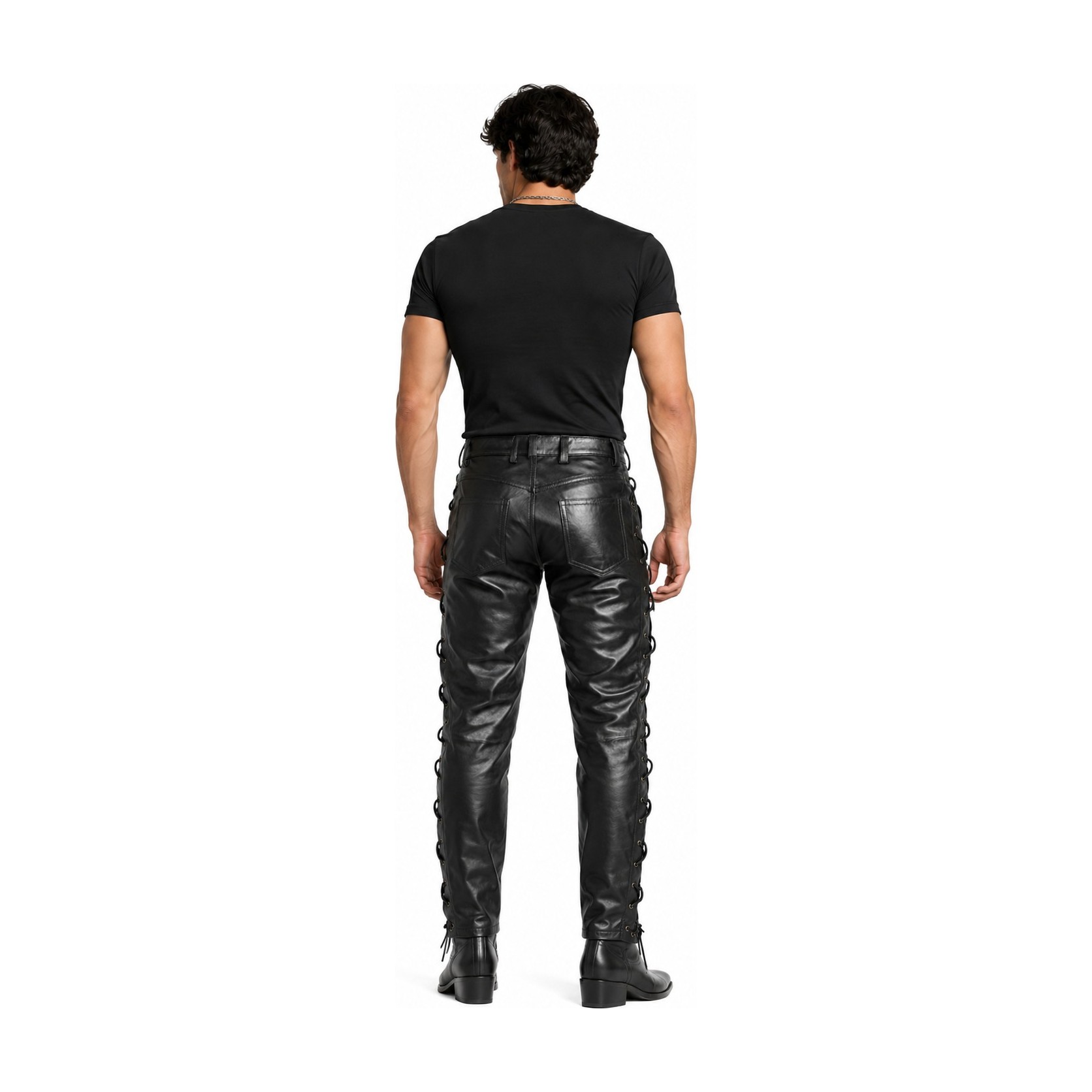 Mens Lace Up Black Leather Pant back view