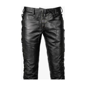 Mens Lace Up Black Leather Pant close up detail