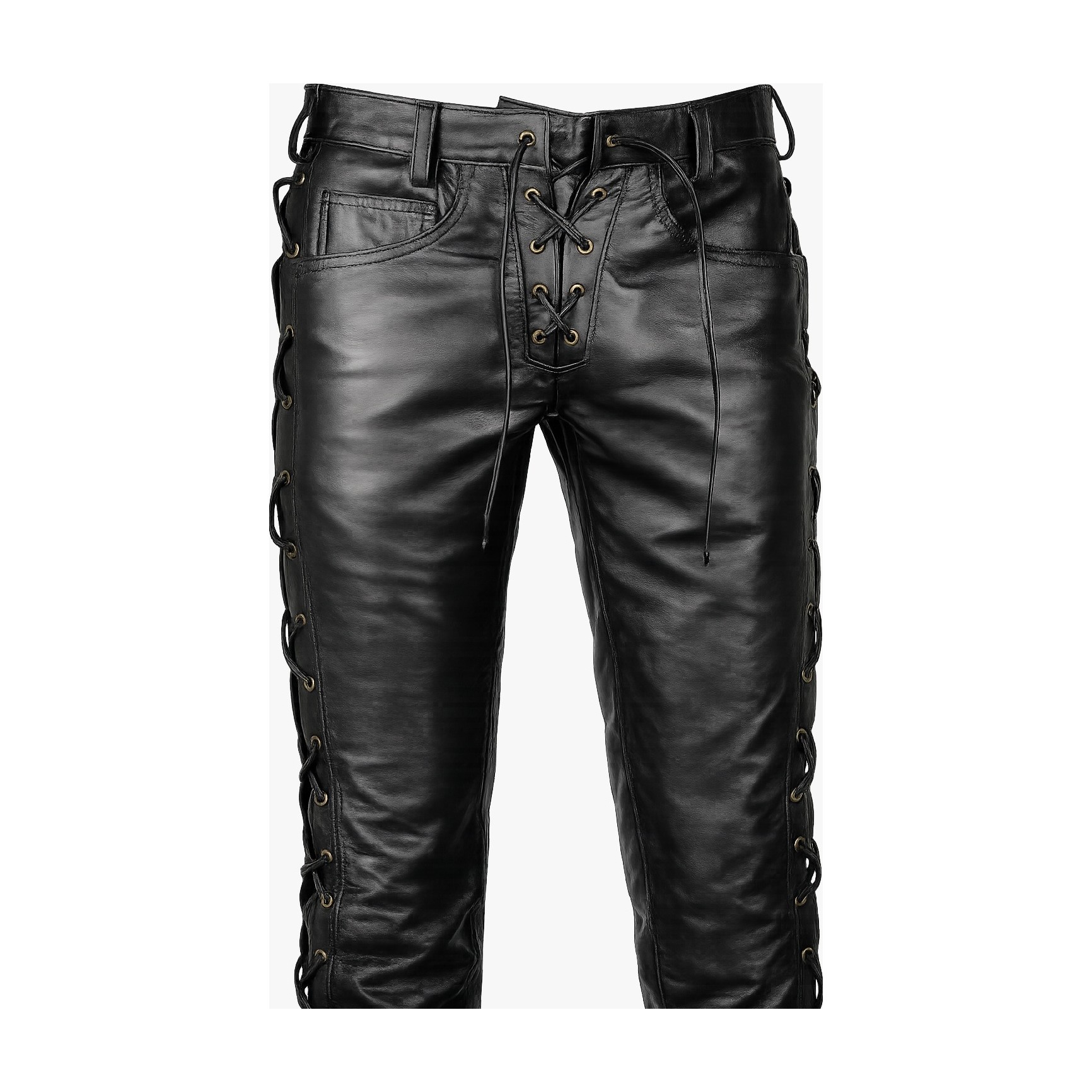 Mens Lace Up Black Leather Pant close up detail