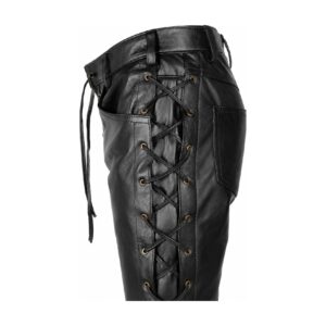 Mens Lace Up Black Leather Pant lace detail