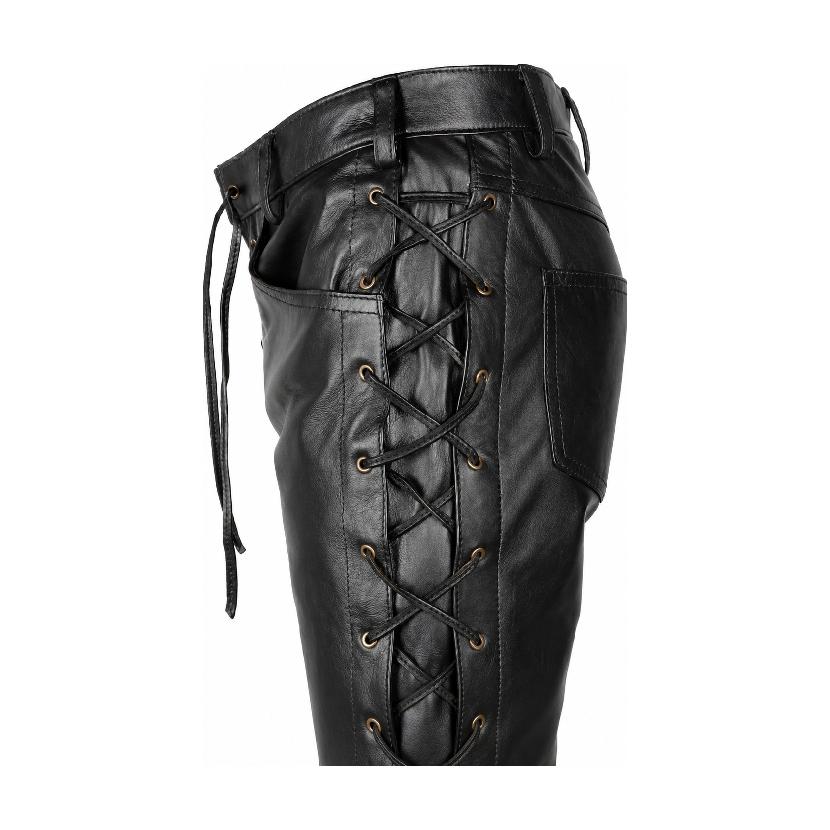 Mens Lace Up Black Leather Pant lace detail
