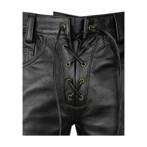 Mens Lace Up Black Leather Pant front lacing close up
