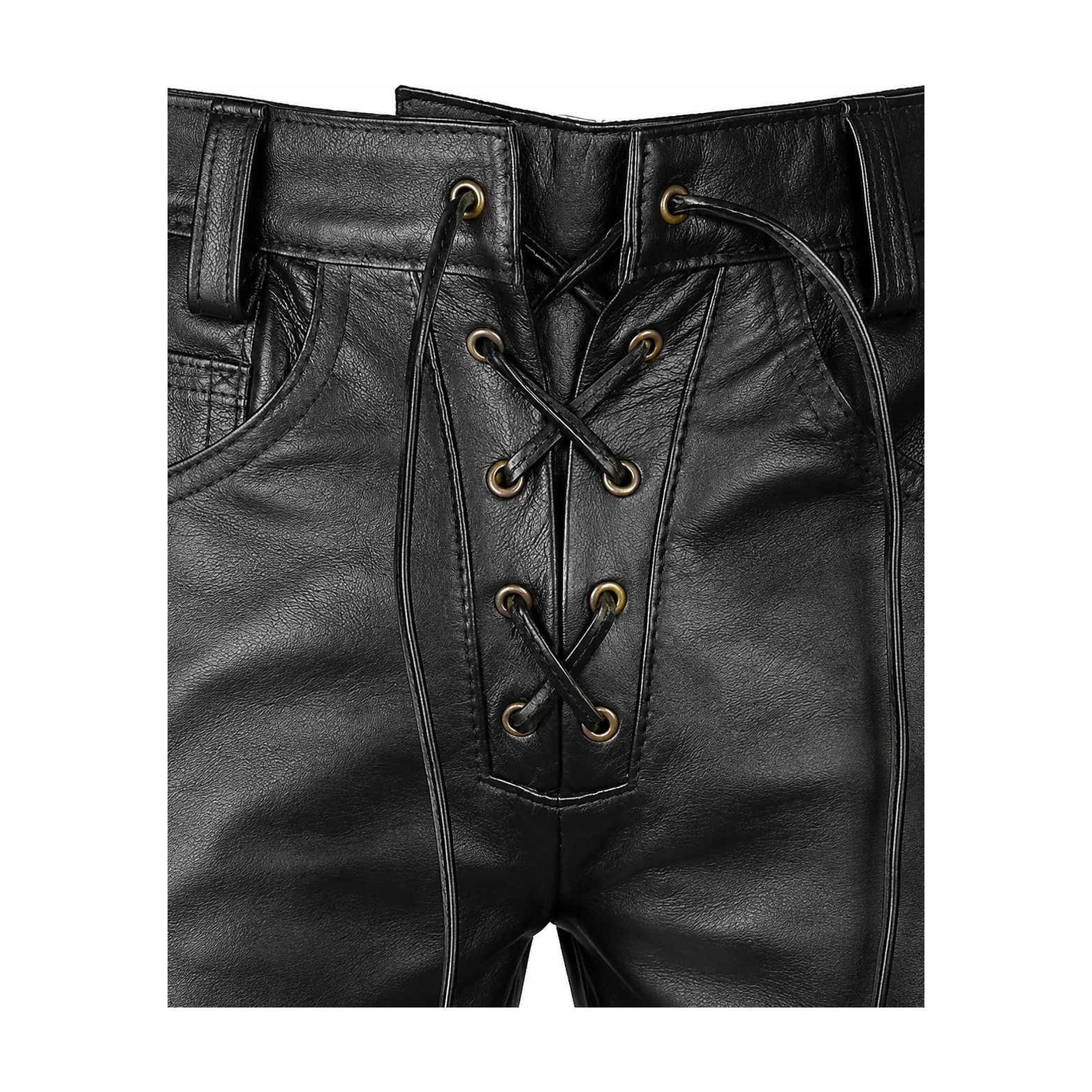 Mens Lace Up Black Leather Pant front lacing close up