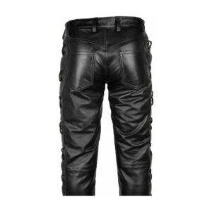 Mens Lace Up Black Leather Pant back pocket detail