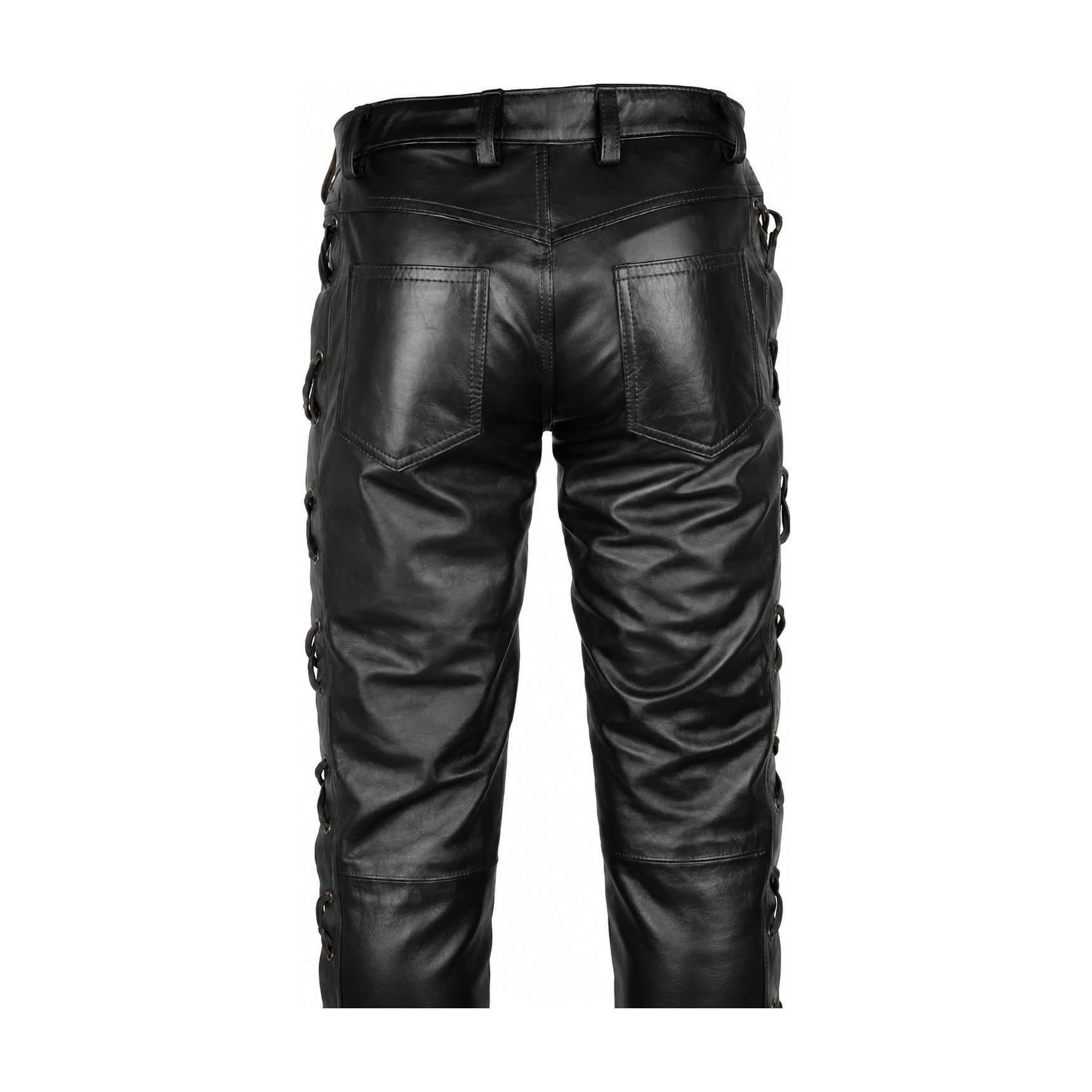 Mens Lace Up Black Leather Pant back pocket detail