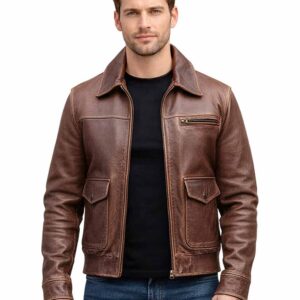 Distressed brown leather jacket with classic zip front - front view