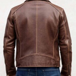 Distressed brown leather jacket with classic zip front - detail view