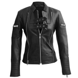 Women Rib Quilted Black Leather Jacket