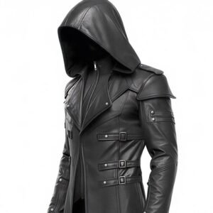 Mens Black Steampunk Leather Hooded Trench Coat Cosplay Costume img 20548 opt