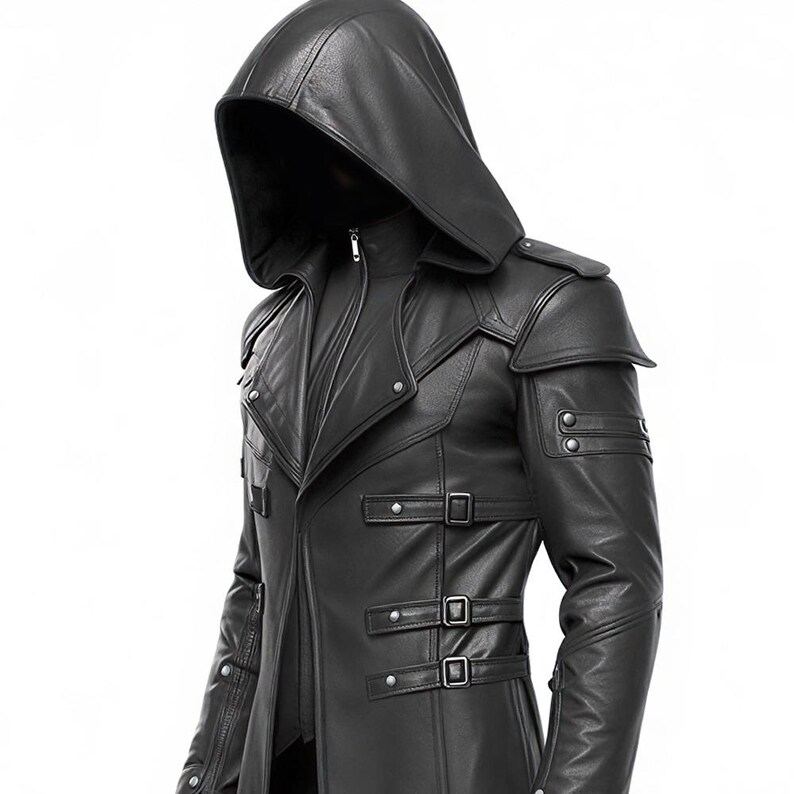 Mens Black Steampunk Leather Hooded Trench Coat Cosplay Costume Mens Black Steampunk Leather Hooded Trench Coat Cosplay Costume - Image 8