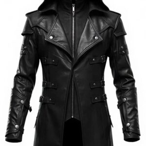 Mens Black Steampunk Leather Hooded Trench Coat Cosplay Costume img 20550 opt