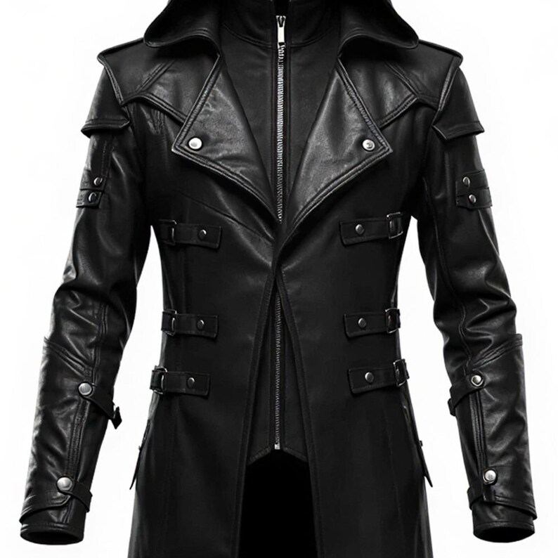 Mens Black Steampunk Leather Hooded Trench Coat Cosplay Costume Mens Black Steampunk Leather Hooded Trench Coat Cosplay Costume - Image 6