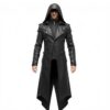 Mens Black Steampunk Leather Hooded Trench Coat Cosplay Costume