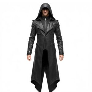 Mens Black Steampunk Leather Hooded Trench Coat Cosplay Costume