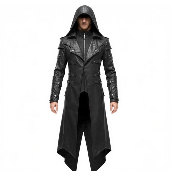 Mens Black Steampunk Leather Hooded Trench Coat Cosplay Costume img 20553 opt 1