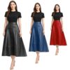 Womens Genuine Leather Midi A Line High Waist Skirt, Zip Back Office Wear Smart