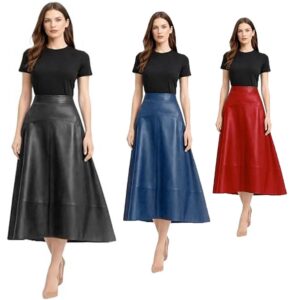 Womens Genuine Leather Midi A Line High Waist Skirt, Zip Back Office Wear Smart