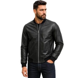 Clara Leather Jackets Men's Genuine Black Leather Bomber Jacket Ribbed Collar