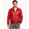 Men's Leather Bomber Jacket with Shirt Collar and Ribbed Cuffs