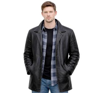 Men's Mid Length Genuine Leather Blazer Trench Vintage Overcoat