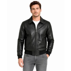 Alternative view of Men's Leather Bomber Jacket with Shirt Collar and Ribbed Cuffs