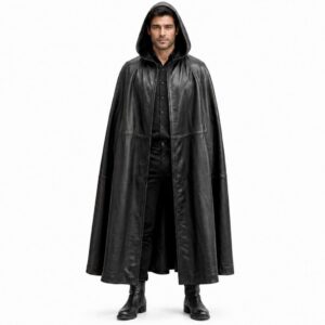 Clara Leather Jackets Men's Leather Hooded Cloak Long Gothic Halloween Costume