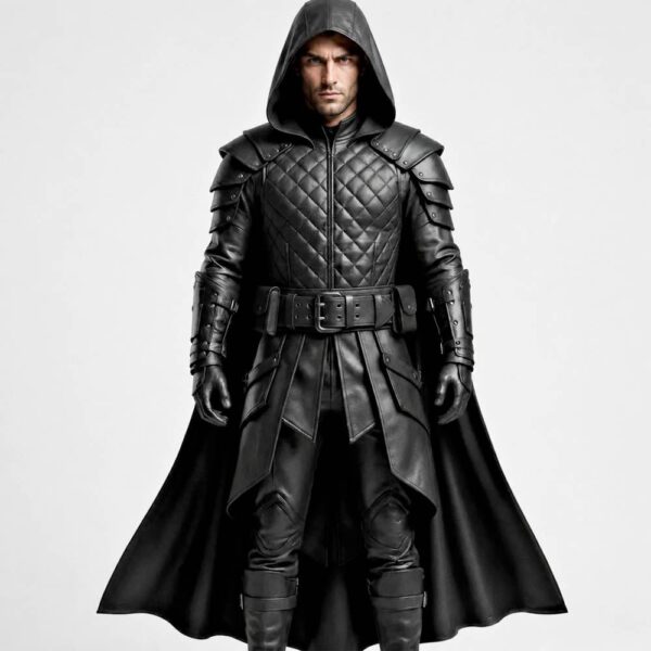 Men's Leather Armor Costume with Hooded Cloak Warrior Style img 21267 opt