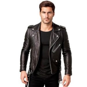 Men's Black Slim Fit Genuine Leather Biker Jacket