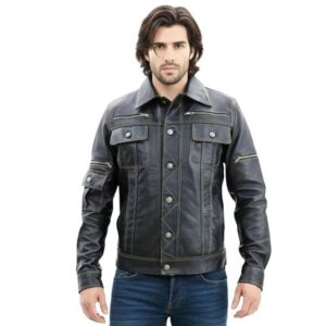 Men's Classic Leather Trucker Jacket Multi Pocket Style