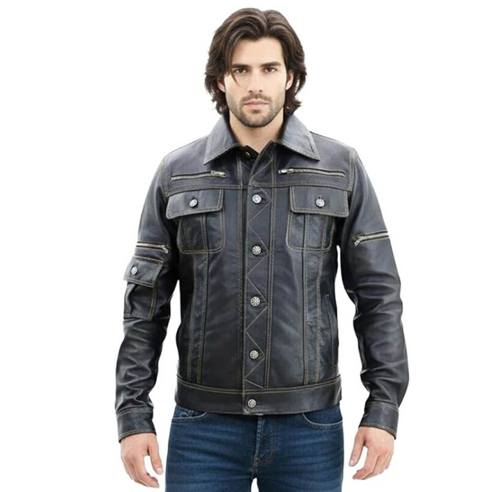Men's Classic Leather Trucker Jacket Multi Pocket Style Men's Classic Leather Trucker Jacket Multi Pocket Style