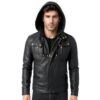 Men's Black Slim Fit Bomber Leather Hoodie Jacket
