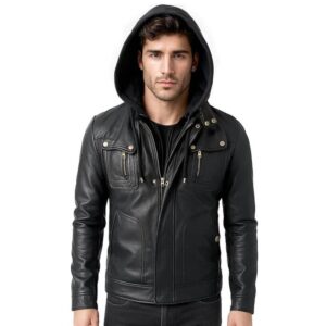 Men's Black Slim Fit Bomber Leather Hoodie Jacket