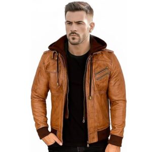 Clara Leather Jackets Men's Bomber Sheep Leather American Hoodie Jacket