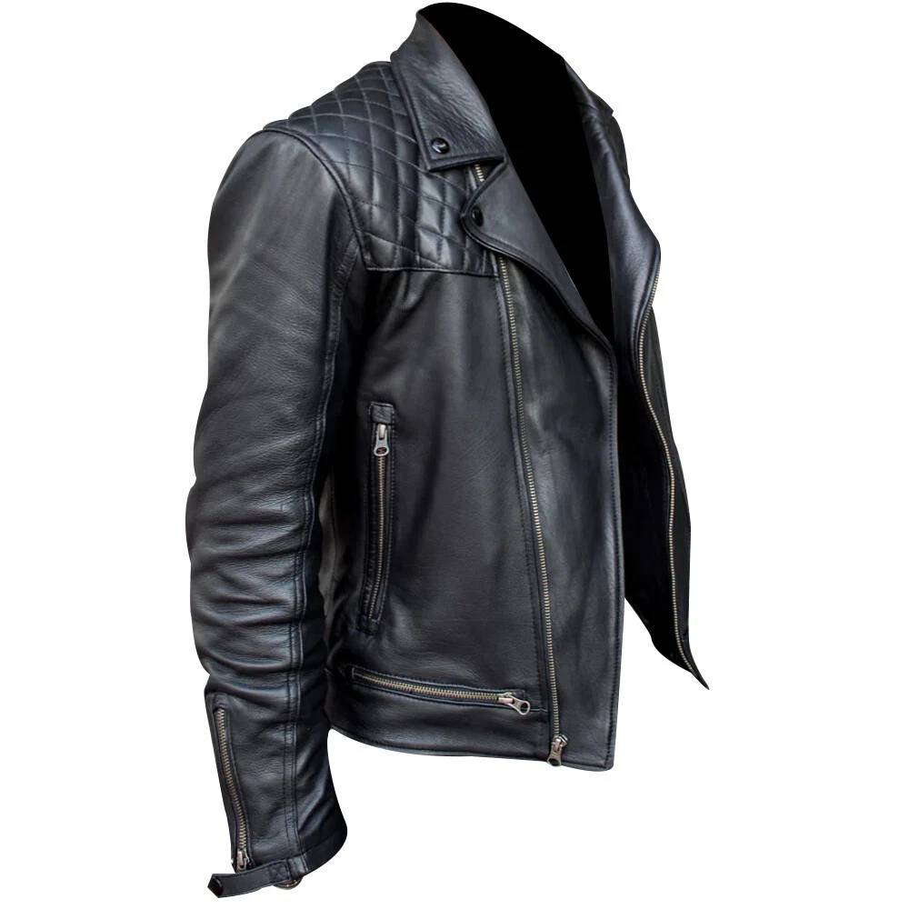 Men's Slim Fit Black Leather Jacket - Quilted Biker Style Men's Slim Fit Black Leather Jacket - Quilted Biker Style - Image 4