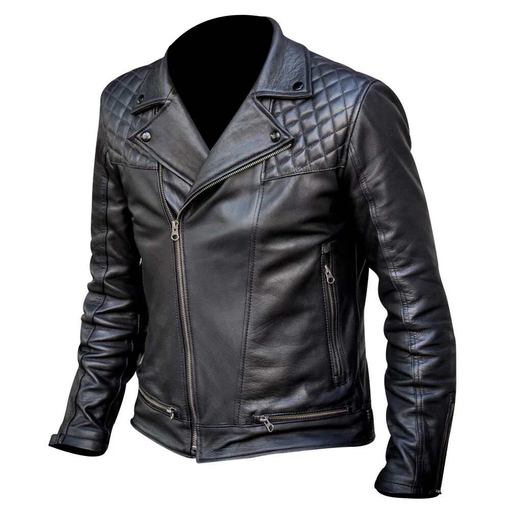 Men's Slim Fit Black Leather Jacket - Quilted Biker Style Men's Slim Fit Black Leather Jacket - Quilted Biker Style