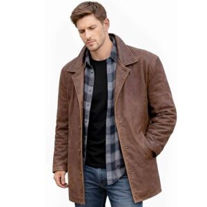 Alternative view of Men's Mid Length Genuine Leather Blazer Trench Vintage Overcoat