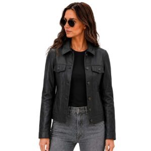 Alternative view of Women's Black Leather Trucker Jacket Classic Fitted Style