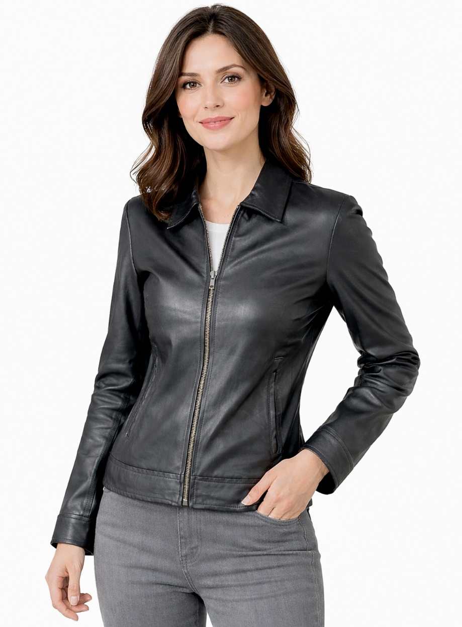 Women's Leather Zipper Jacket - Classic Collar Style Women's Leather Zipper Jacket - Classic Collar Style