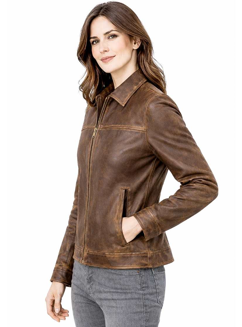 Women's Leather Zipper Jacket - Classic Collar Style Women's Leather Zipper Jacket - Classic Collar Style - Image 9