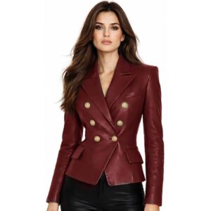 Alternative view of Women's Genuine Leather Blazer Double Breasted Biker Coat