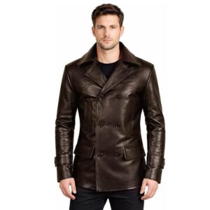 Clara Leather Jackets Men's German Style Genuine Leather Peacoat Belted Double Breasted Coat