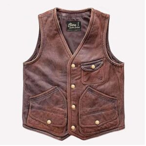 Alternative view of Real Brown Leather Waistcoat for Men Biker Vest with Multiple Pockets