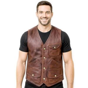 Clara Leather Jackets Real Brown Leather Waistcoat for Men Biker Vest with Multiple Pockets