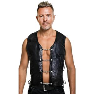 Clara Leather Jackets Men's Classic Leather Waistcoat Lace-Up Motorcycle Vest