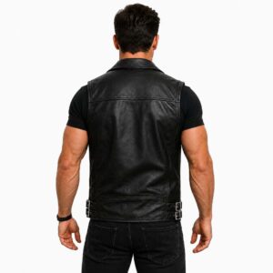 Men's Black Leather Biker Vest - Zip Front with Buckle Straps img 22801 opt