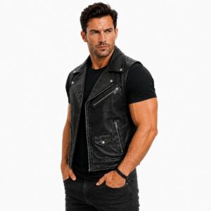 Men's Black Leather Biker Vest - Zip Front with Buckle Straps img 22802 opt