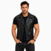 Men's Black Leather Biker Vest - Zip Front with Buckle Straps