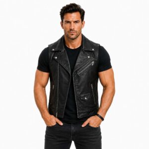 Clara Leather Jackets Men's Black Leather Biker Vest - Zip Front with Buckle Straps
